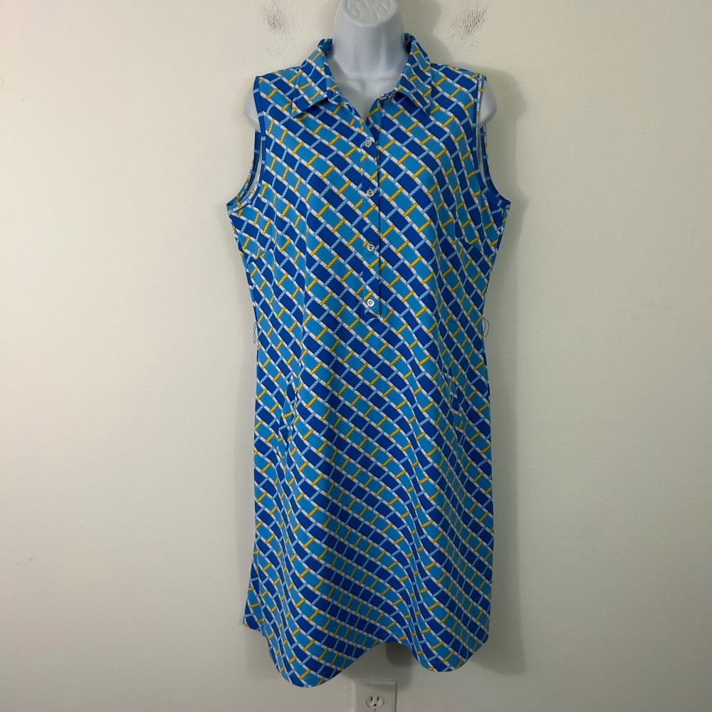 J.McLaughlin Womens XL Dress Sleeveless Blue Yellow Geometric Rope Print  NWOT‎ - Picture 1 of 8
